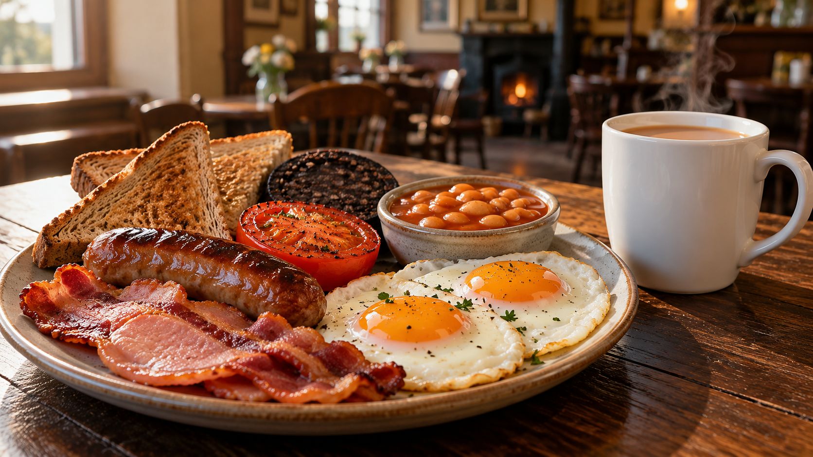 Full Irish breakfast and a mug of tea on a wooden café table