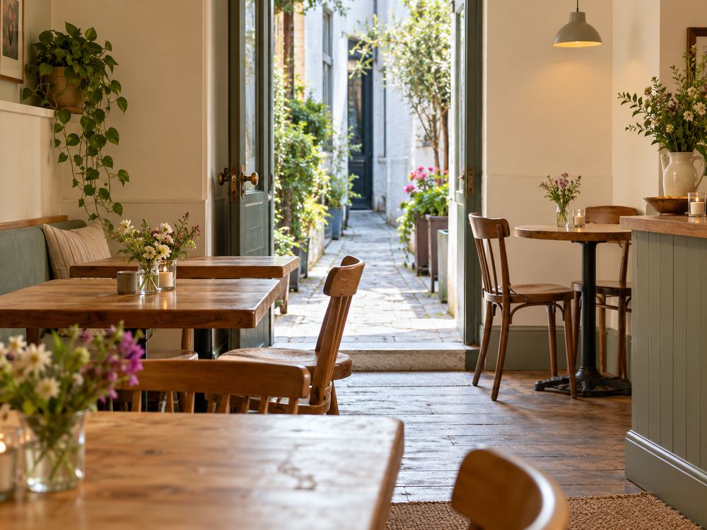 Cosy café interior with a view towards a narrow laneway entrance