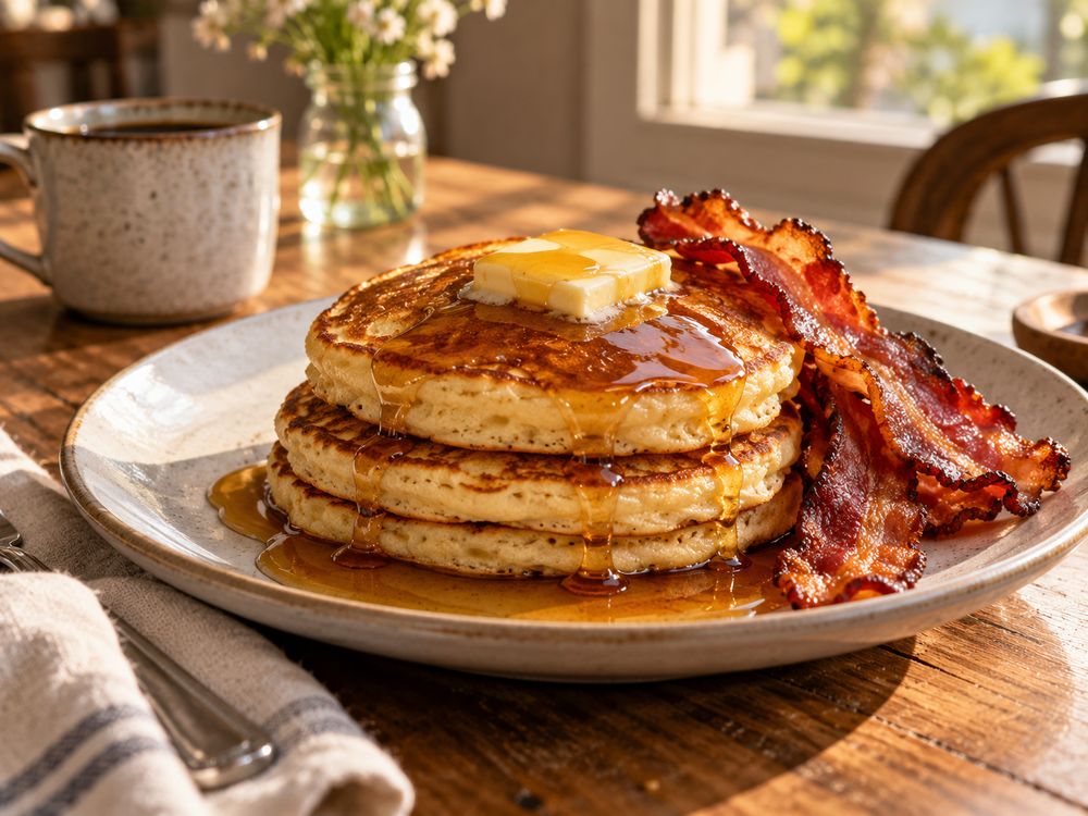 Pancakes with maple syrup and bacon